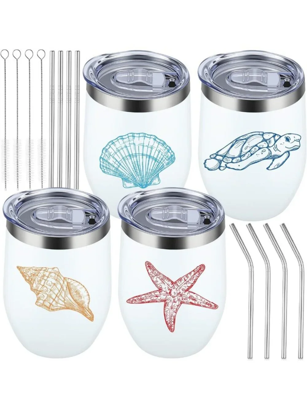 Ocean-Themed Beach Wine Tumblers Set of 4 - 12 oz with Lids, Perfect for Summer!